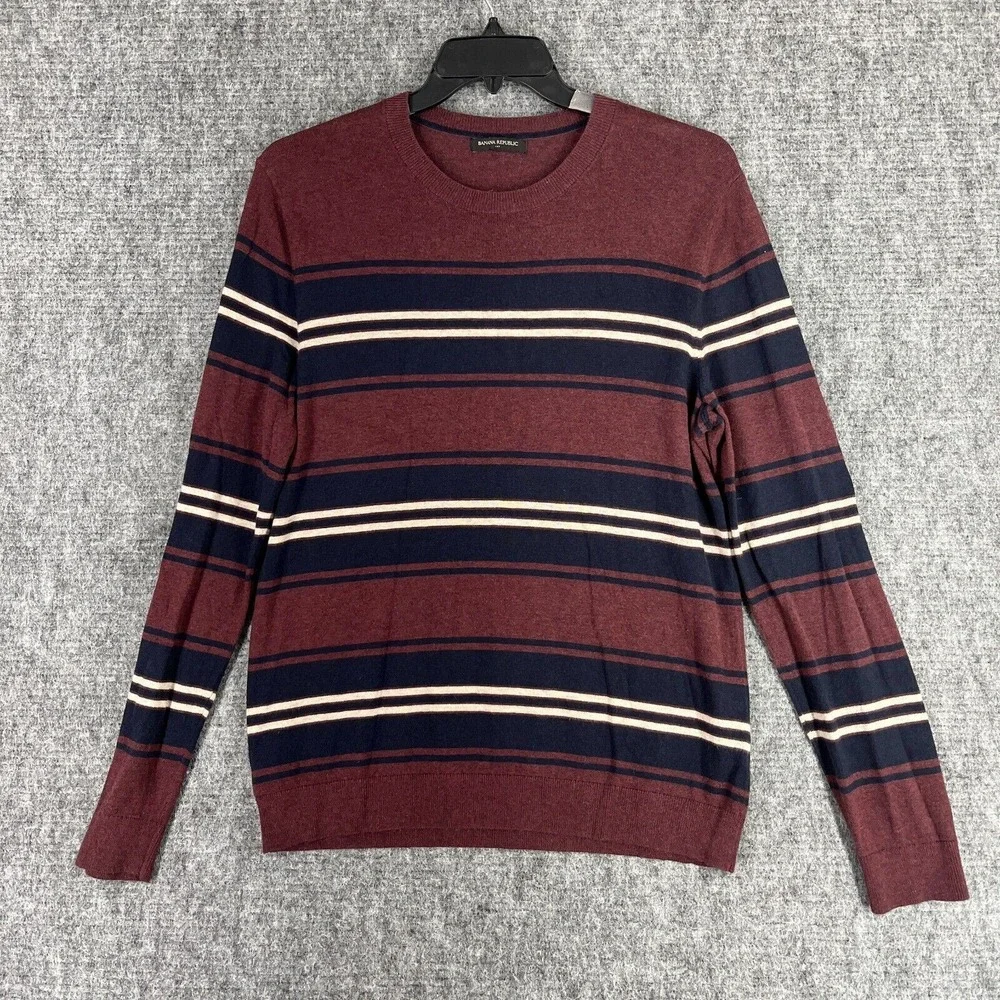 Banana Republic L Maroon Navy Striped Sweater‎ Cotton Nylon Crewneck Classic Fit